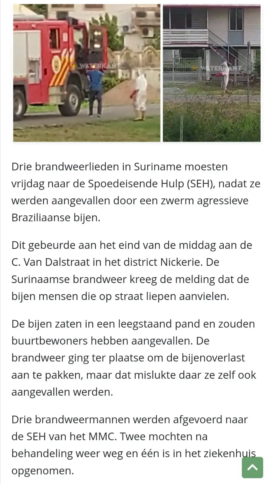 Schermafbeelding van een nieuwsbericht over een brandweerauto